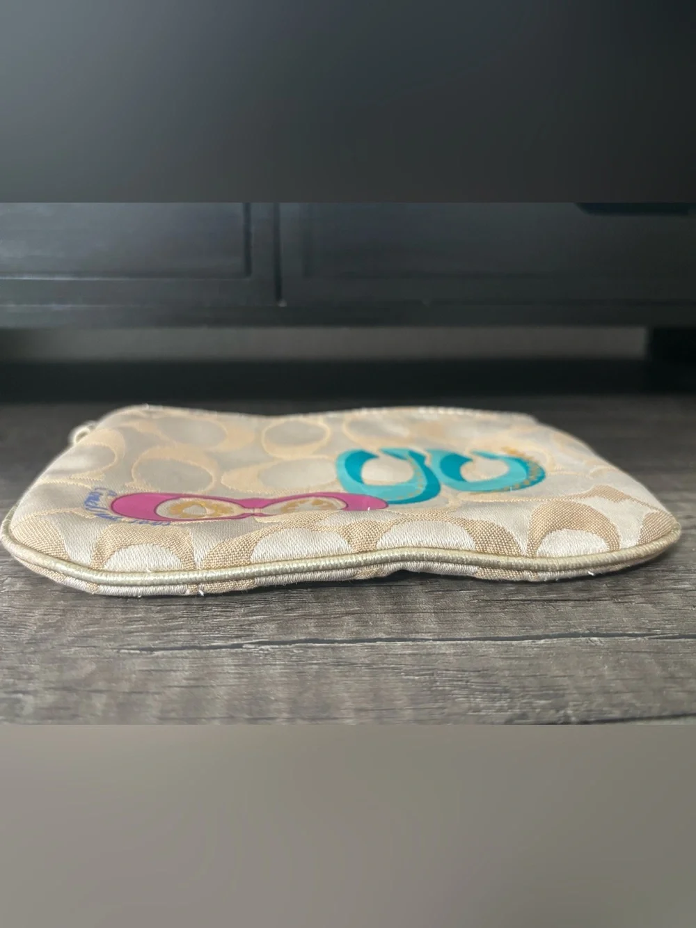 Coach Beige Signature Canvas Wristlet with Teal and Magenta Logo - Picture 3 of 6